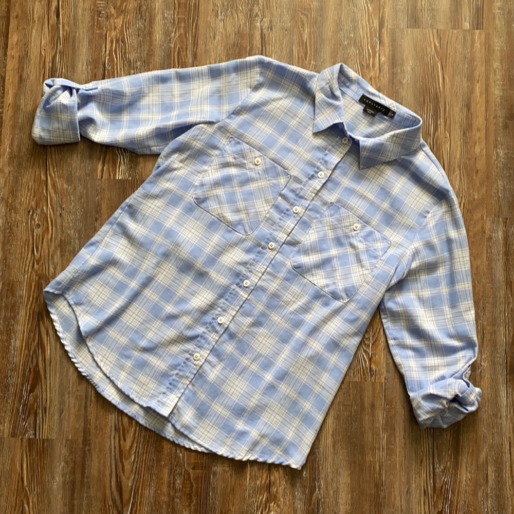 Sanctuary Light Blue Button Down Plaid Boyfriend Fit Flannel Shirt